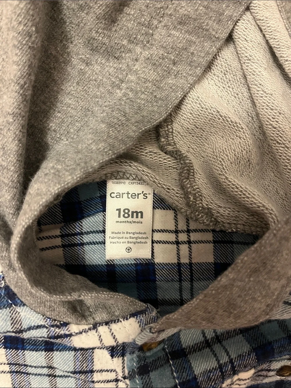 Carter's Blue and White Plaid Button-Down with Gray Hood